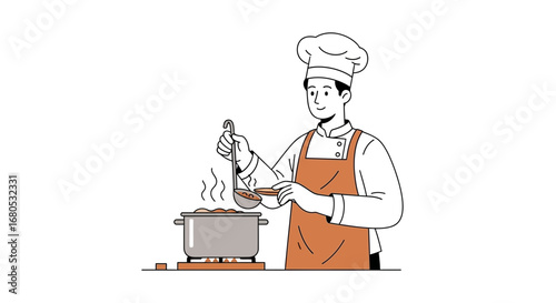 Culinary Professional Preparing Food in Kitchen, Illustration of Cooking Process
