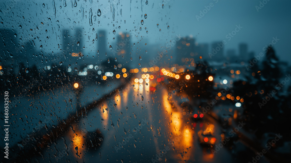 Obraz premium Abstract Blurred Rainy Window Background with Soft Light Distortions and Melancholic Mood Featuring City Lights Bokeh