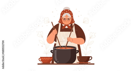 Elderly Woman Cooking Delicious Stew In Pot, Embracing Culinary Traditions and Warmth