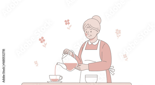 Elderly Woman Pours Tea Into a Cup, A Calm and Peaceful Scene Depicted in a Simple Style