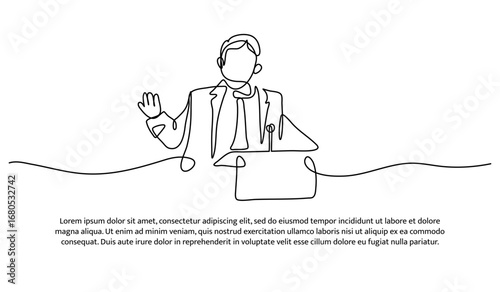 One line of giving a speech on the podium. Abstract minimal continuous line.