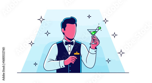 Elegant Bartender Holding Cocktail in Stylish Illustration with Decorative Sparkles
