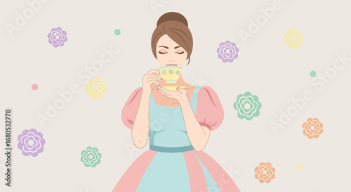 Elegant Lady Enjoys Tea In A Floral Setting With Pastel Dresses And Decorative Elements