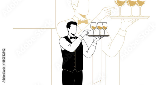 Elegant Wine Service Concept Featuring Butler and Glasses in Minimalist Graphic Style