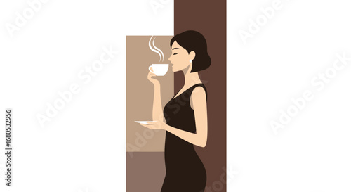 Elegant Woman Savoring Hot Beverage, Simple Style, Monochrome Tones, Morning Moment