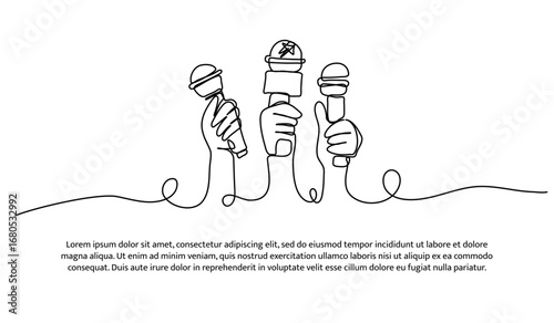 One line of journalist holding mic. Abstract minimal continuous line.