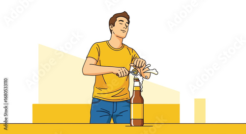 Enthusiastic Person Opening a Beer Bottle Happy to Enjoy on a White Background