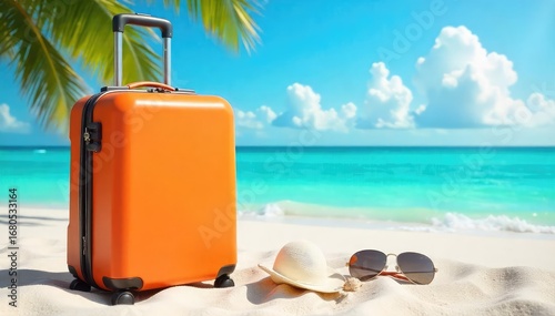 Wallpaper Mural A brightly colored suitcase sits on a sunny beach, ready for a relaxing getaway Seashells and sunglasses add to the vacation vibe, suggesting carefree travel and summer adventures , journey, ocean Torontodigital.ca