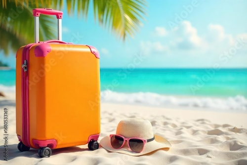 Wallpaper Mural A brightly colored suitcase sits on a sunny beach, next to sunglasses and a sun hat, ready for a carefree getaway The perfect image for travel and vacation promotions , sand, sunglasses, trip Torontodigital.ca