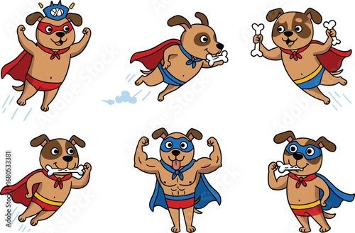 Cartoon Superhero Dogs in Capes and Masks Flying with Bones – Fun Vector Set for Kids and Character Design