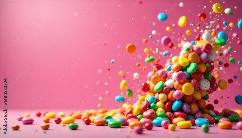 custom made wallpaper toronto digitalA chaotic scene of colorful candies swirling and colliding in mid-air, a vibrant explosion of sugary delights against a bright background , sugary, dynamic