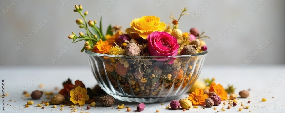 custom made wallpaper toronto digitalA charming glass bowl overflows with a vibrant mix of dried flowers, herbs, and fragrant botanicals, creating a rustic and aromatic potpourri arrangement perfect for home decor , cones, vintage