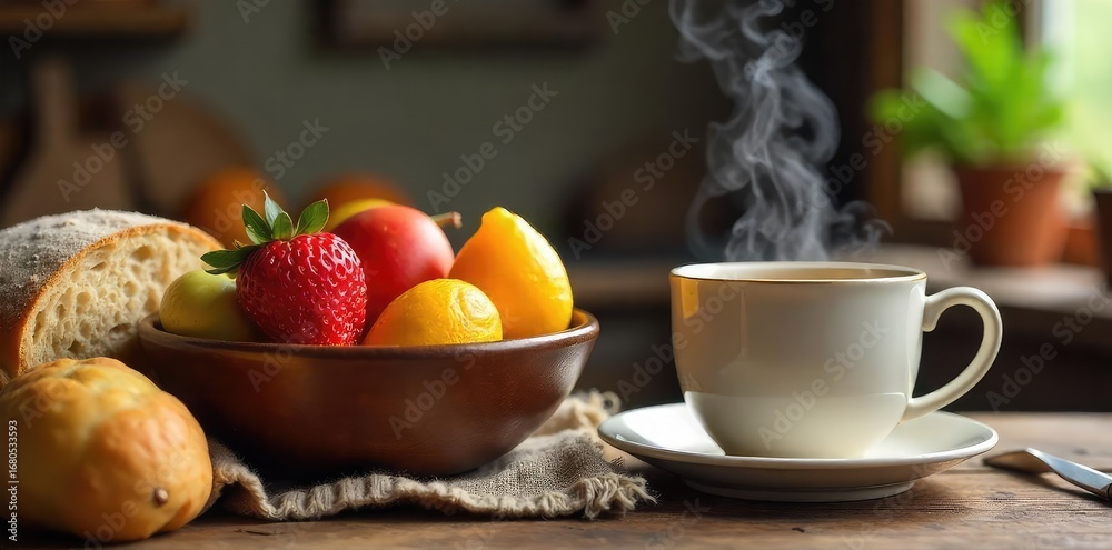 custom made wallpaper toronto digitalA charming rustic kitchen scene featuring a bowl of fresh fruit, a loaf of homemade bread, and a steaming mug of tea, embodying the wholesome principles of the granny diet , baking, bowl, natural