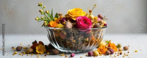 Wallpaper Mural A charming glass bowl overflows with a vibrant mix of dried flowers, herbs, and fragrant botanicals, creating a rustic and aromatic potpourri arrangement perfect for home decor , cones, vintage Torontodigital.ca