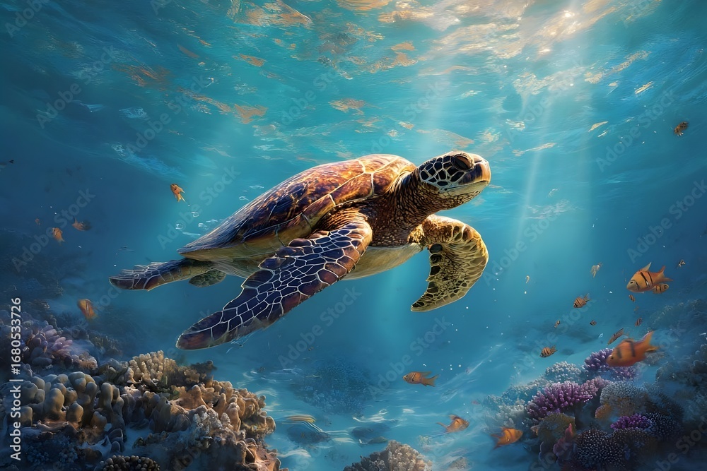 Fototapeta premium Underwater, a sea turtle swims gracefully through vibrant coral reef and beams of sunlight.