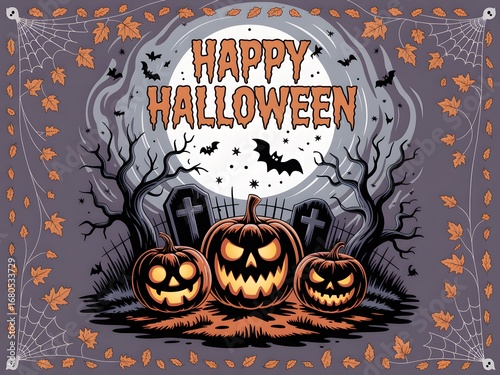 Spooky Halloween Scene with Pumpkins, Bats, and Gravestones Under a Full Moon Backdrop Perfect for Holiday Festivities