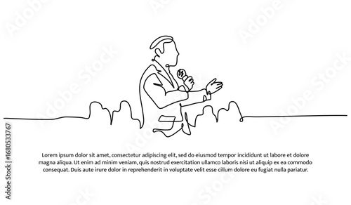 One line of a man speaking at a seminar. Abstract minimal continuous line.