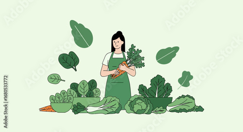 Farmer Holding Fresh Harvested Carrots Surrounded By Various Vegetables Illustration