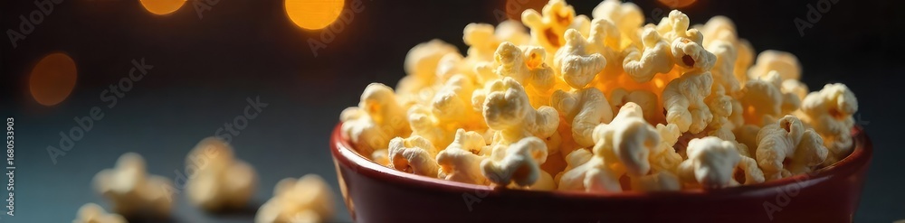 custom made wallpaper toronto digitalA close-up shot of a bowl overflowing with freshly popped popcorn, kernels scattered around, illuminated with warm, inviting light, perfect for movie night , kernels, grain, fluffy