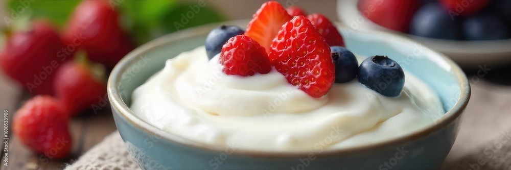 custom made wallpaper toronto digitalA close-up shot of a bowl of light and fluffy nonfat yogurt, garnished with fresh berries The creamy texture is clearly visible, highlighting its lightness and healthiness , texture, minimalist