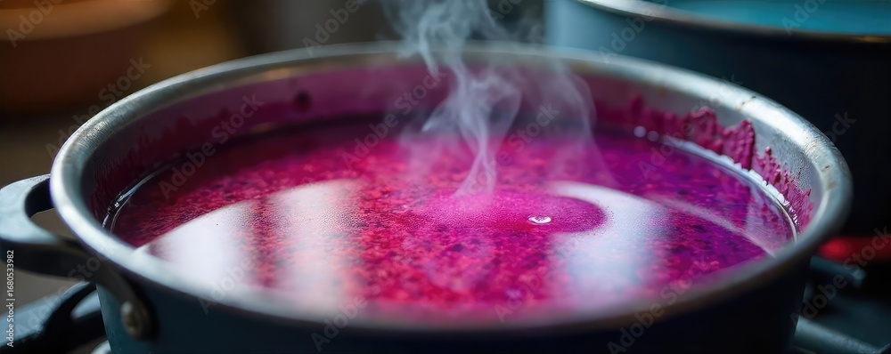 custom made wallpaper toronto digitalA close-up shot of a steaming pot of fabric dye, simmering on a stovetop, ready for dyeing process Rich colors and textures are visible in the dye bath , heat, linen