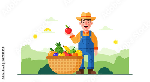 Farmer Presenting Fresh Harvested Fruits Basket in Orchard with Sunny Day