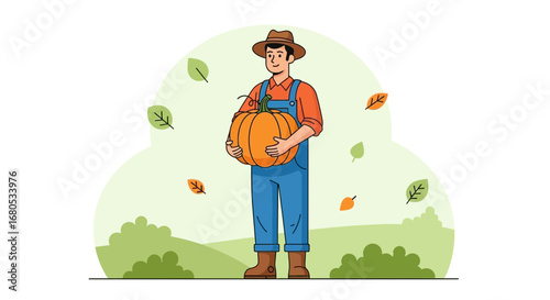 Farmer With Pumpkin, Autumn Harvest, Agricultural Concept, Field And Seasonal Illustration