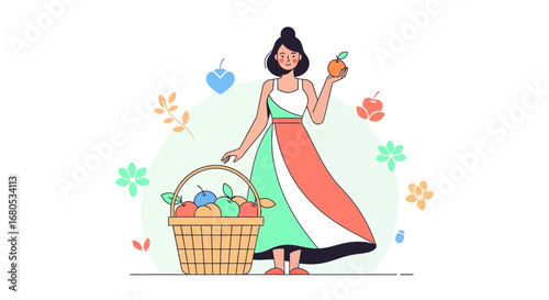 Female Figure With Basket Of Autumn Harvest Fruits And Hand Holding A Round Citrus