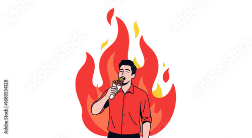 Fiery Feast Depicts a Man Consuming Delicious Food Amidst Flames for a Bold Concept