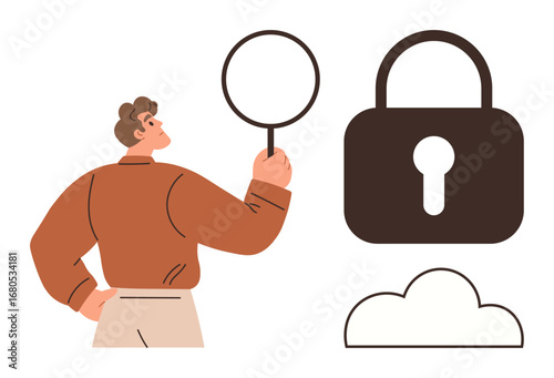 Person inspects details with magnifying glass near large padlock and cloud, focusing on privacy, data encryption, cybersecurity, digital communication, secure technology, cloud storage, simple flat