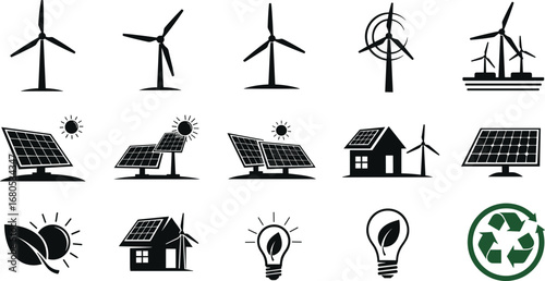 Renewable energy icons, wind turbines, solar panels, eco-friendly technology, sustainable power, clean energy, green house, energy conservation, recycling symbol, environmental protection