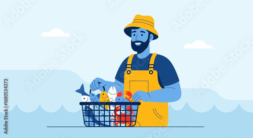 Fisherman Holding Basket Full Of Fresh Seafood Illustrating The Abundance Of Ocean Harvest