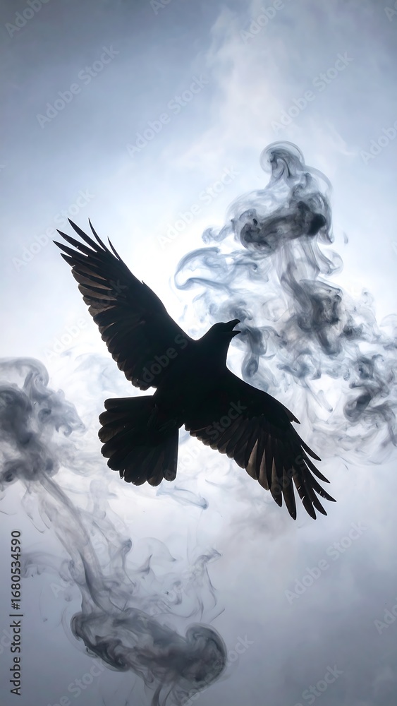 Obraz premium A captivating silhouette of a crow in flight, amidst swirling smoke, creates a dramatic and atmospheric image.