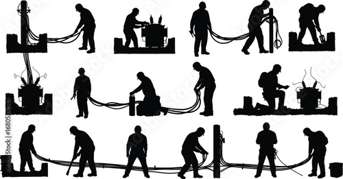 Silhouette workers installing underground electrical cables, electrician maintenance team, power line repair, energy utility service, construction site safety equipment