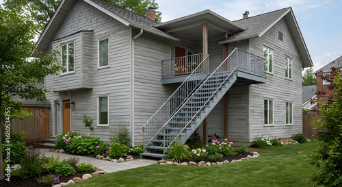 A house with an exterior staircase made of steel grating