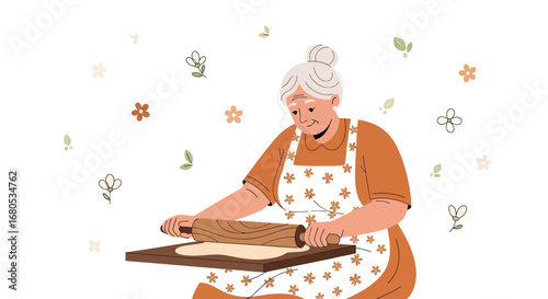 Grandmother Baking With Love And Decorating With Floral Sprigs, Illustration