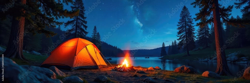 custom made wallpaper toronto digitalTranquil Campfire Under Starlit Sky Majestic Glow Illuminates Tent Amid Towering Trees, Perfect for Summer Camping Adventures