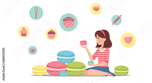 Happy Baker Preparing Delightful Pastries, Macarons, And Cupcakes in a Cheerful Illustration
