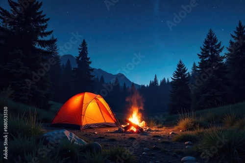 Wallpaper Mural A crackling campfire under a starlit summer sky, illuminating a tent pitched amidst a tranquil forest Perfect for camping, outdoor, nature, adventure themes , getaway, nature, fire Torontodigital.ca