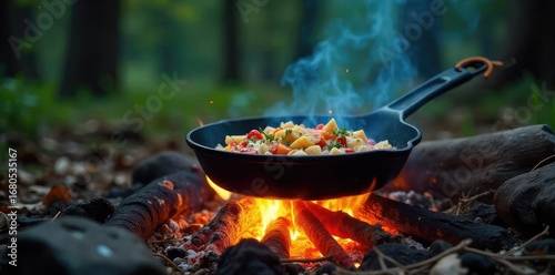 Wallpaper Mural A crackling campfire with a cast iron skillet cooking food over the glowing embers, surrounded by nature's beauty , dinner, hot Torontodigital.ca
