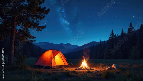 Wallpaper Mural A crackling campfire under a starry summer night sky, illuminating a tent pitched amidst a serene forest The scene is peaceful and evokes the spirit of summer camping adventures , tranquil, sky Torontodigital.ca