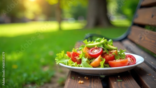 Wallpaper Mural A delicious and healthy meal enjoyed outdoors on a park bench, featuring fresh ingredients and vibrant colors Perfect for a picnic or casual lunch break , ingredients, protein, fresh Torontodigital.ca