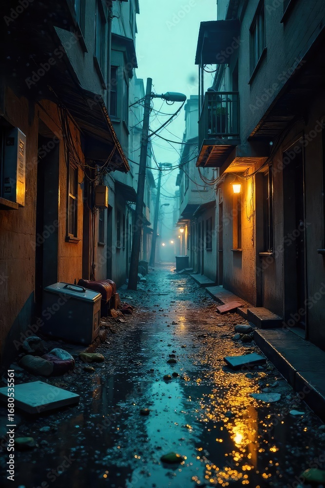 custom made wallpaper toronto digitalA desolate, rain-soaked alleyway; broken glass, scattered belongings, and a single, overturned trash can suggest a recent struggle and aftermath of a crime , night, investigation