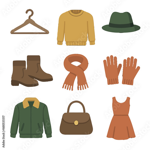 Autumn fashion icons: cozy clothing and accessories in warm tones