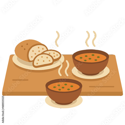 Warm aroma: cozy flat design of bread and soup on wooden platter
