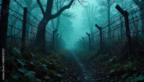 Wallpaper Mural A dense, dark forest of barbed wire fences, overgrown with thorny vines and ominous shadows Perfect for gothic, dystopian, or apocalyptic themes , ruin, post-apocalyptic, apocalyptic Torontodigital.ca
