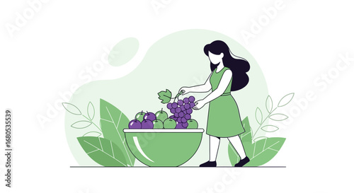 Harvesting Autumn Bounty: Woman Arranging Fresh Fruits In A Vibrant Bowl For A Healthy Meal