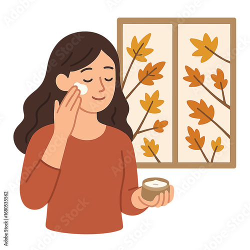 Woman enjoying skincare routine in cozy autumn setting by the window