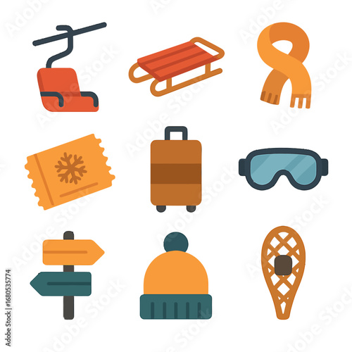 Winter sports gear icons: lift, sled, scarf, and more in vibrant style