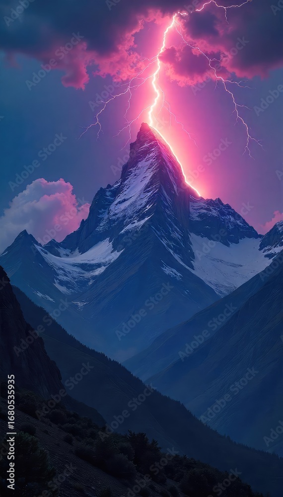 custom made wallpaper toronto digitalA dramatic image of a lightning bolt striking a majestic mountain peak, symbolizing spiritual power and enlightenment The raw energy of nature captured in a breathtaking scene , light, energy